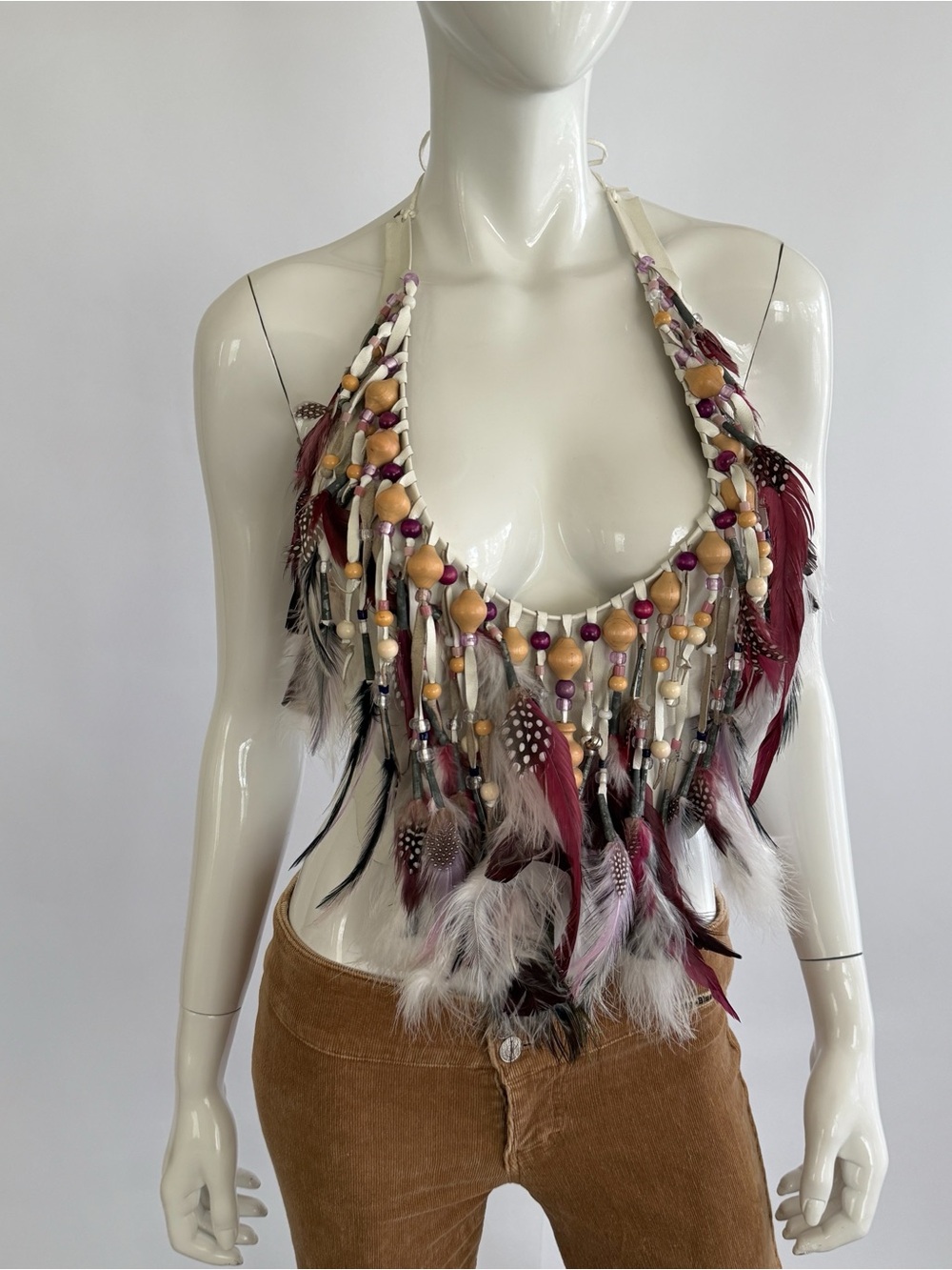 Vintage 1970s Artisian Leather Feather Beaded Halter Top